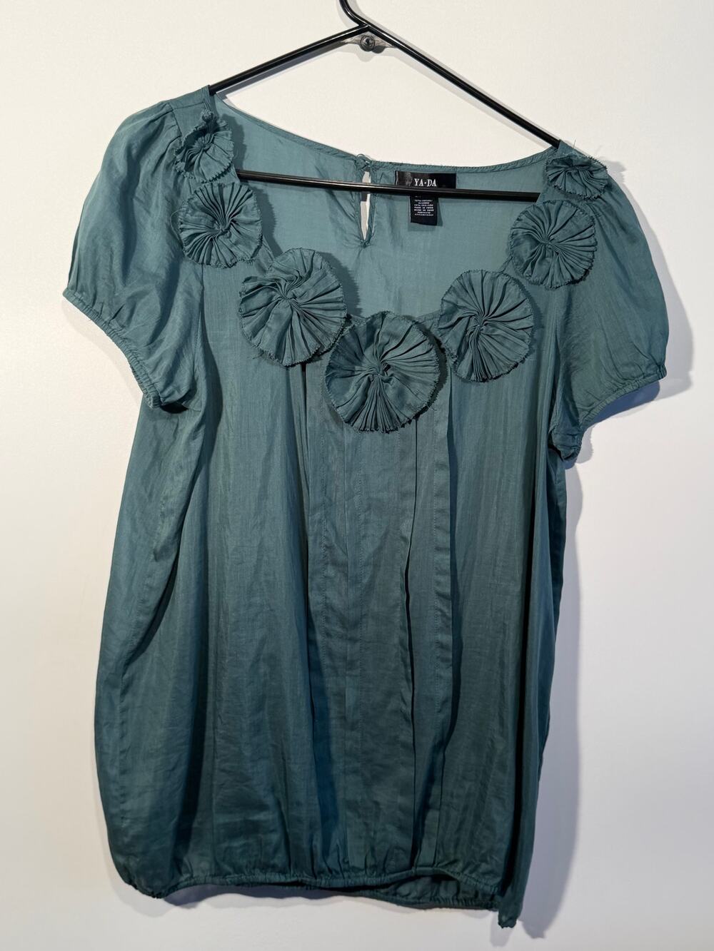 YA-DA Women's Teal Rosette Puff Sleeve Blouse in Size Large